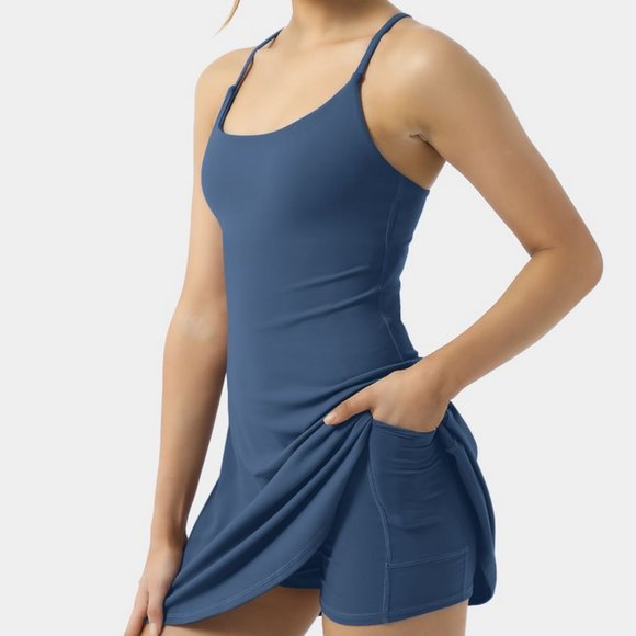 HALARA Dresses & Skirts - Halara Size M Cloudful Blue Cross Back Active Dress, Shorts,Pockets-Wannabe